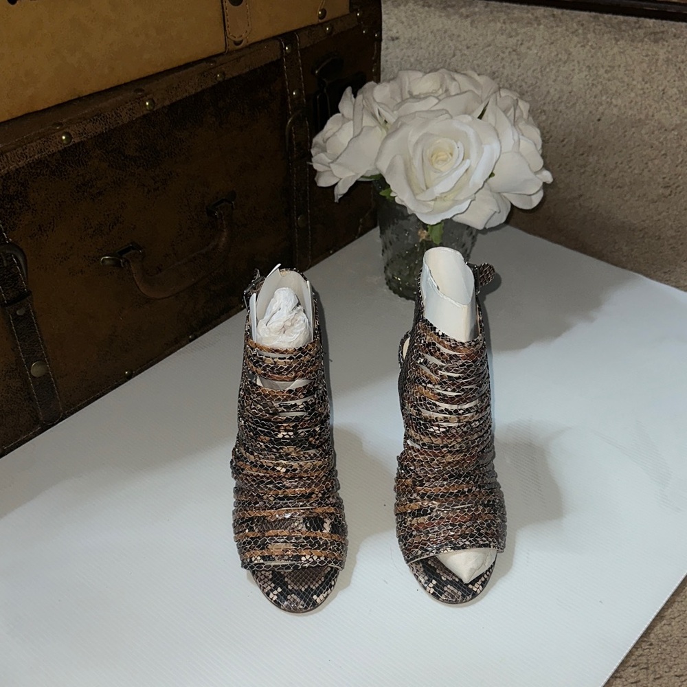 Vince Camuto Brown Snakeskin Peep-Toe Heels